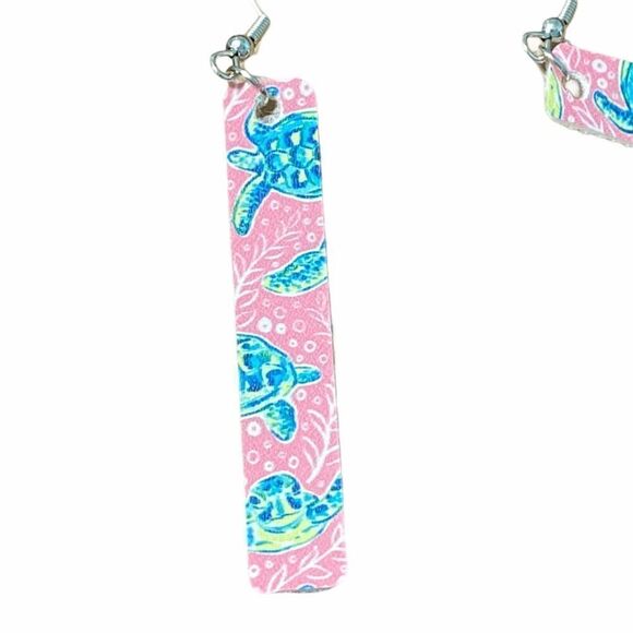 Sea Turtles Bar Dangle Drop‎ Earrings Pink Teal - Picture 4 of 5